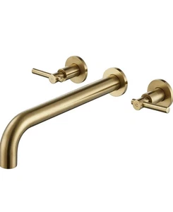Wall Mount Tub Filler Faucet Gold | 2-Handle Brass Valve, Long Spout Reach - Picture 1 of 8