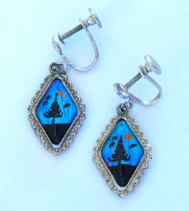 Morpho Butterfly Wing Earrings Vintage Screw Back Tree Silver Dangle Bird Blue - Picture 1 of 2
