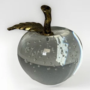 Clear Glass Apple Paperweight w/ Controlled Bubbles Brass Stem Vintage - Picture 1 of 4