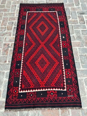 3x7 ft Afghan Runner Oriental Ghalmori Afghan Rug Handwoven Geometric Wool Kilim - Image 1 of 4