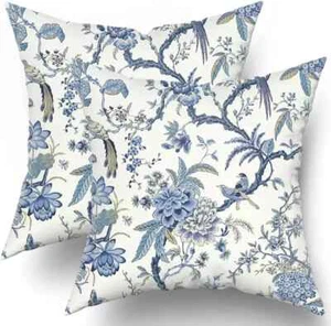 Chinoiserie Pillow Covers Set of 2 Blue and White Outdoor Pillows Bule Birds Flo - Picture 1 of 6