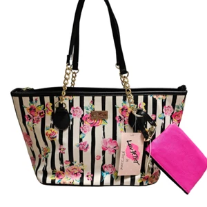 Luv Betsey Johnson Rose Gold Chain Tote Bag White Black Striped 9"x 15" x6" NWT - Picture 1 of 11