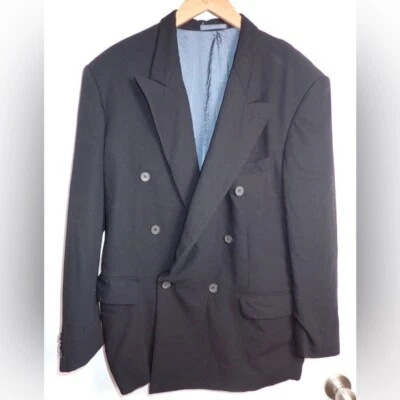 Neiman Marcus 100% 羊毛双排扣西装外套黑色男式  — 第 1/4 张图片