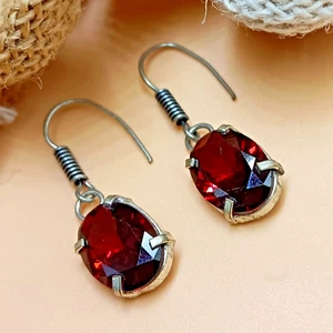 Red Faceted Topaz Glass 925 Sterling Silver Plated 1 Pair Hook Bezel Earring - Picture 1 of 3