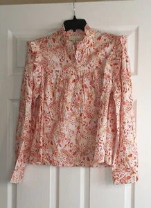 Pinch Coral Pink Floral Paisley Long sleeve Ruffle Button Up Blouse XL - Picture 1 of 7