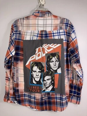 Upcycled Distressed THE POLICE Bleached Flannel Unisex Medium - Image 1 of 4