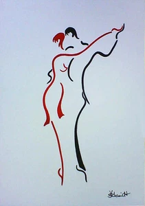 H.Schmidt Erotik*Foxtrott*paar tanzkleid strichzeichnung pc tanzschule Aquarell - Bild 1 von 1