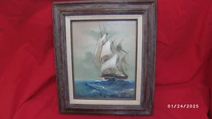 Framed Oil on Canvas Large Sail Boat Ship on Rough Sea Signed - Picture 1 of 6