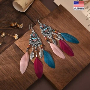 Fashion Women Bohemian Earrings Vintage Glazed Heart Feather Beads Tassel 1489 - Picture 1 of 8