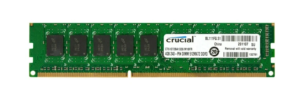 Crucial 4GB PC3-10600 DDR3-1333MHz ECC CL9 240-Pin DIMM (CT51272BA1339) - Image 1 of 1