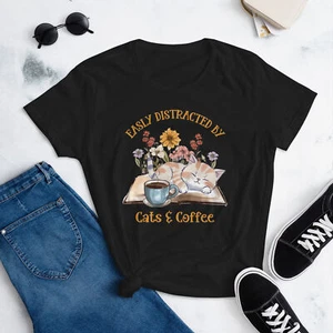 Easily Distracted By Cats and Coffee Short Sleeve T-shirt - Picture 1 of 10