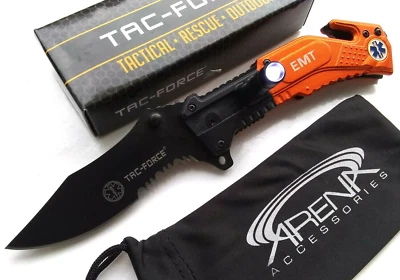 Cuchillo de Bolsillo EMT EMS PARAMÉDICO EDC Hoja Naranja Linterna LED Asistida por Resorte Foto 1 de 4