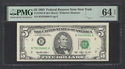 United States-Federal Reserve 5 Dollars 1993 Fr#1982-B (BA Block) UNC Grade 64 - Image 1 of 2