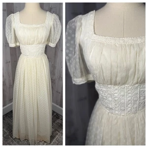Vintage 1970s Maxi Cottagecore Boho Wedding Prairie Gypsy Lace Floral Dress - Picture 1 of 16