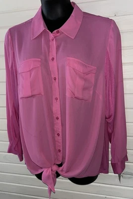NWT INC International Concepts Sz PLUS 3X Pink Tie Front Blouse Top Mixed Media - Image 1 of 4