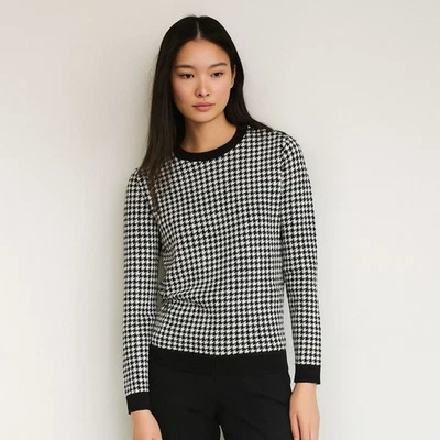 Suéter Lauren Ralph Lauren Lana Merino Blanco y Negro Pata de Gallo Cuello Redondo Foto 1 de 4