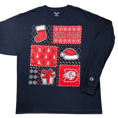 Dixie State Utah Tech 开拓者“Ugly Christmas Sweater”标志 LS T 恤 XL — 第 1/4 张图片