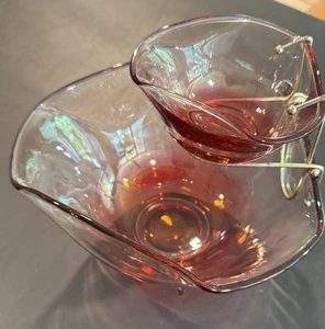 Vintage Indiana Glass Clear to Cranberry Flash Chip and Dip Set with Gold Holder - Picture 1 of 9