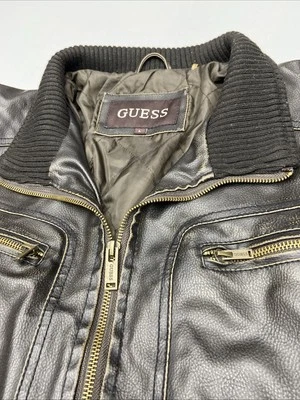 Guess Faux Brown Leather Corduroy Collar Men's Motorcycle Jacket Size L - Image 1 of 4