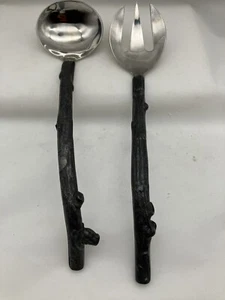 Large Tree Branch Salad Serving Set Spoon & Fork Metal Curved - Picture 1 of 7
