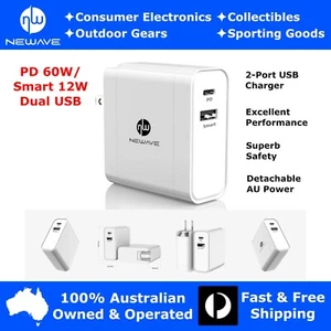NEWAVE 60W PD Dual USB Fast Quick Wall Charger Adapter 4 Phone Tablet PC Laptop - Picture 1 of 12