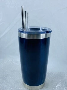 Blau Thermo Edelstahl Becher Tasse 20 Unzen mit Deckel, 2 Metall Strohhalme & Bürste - Bild 1 von 4