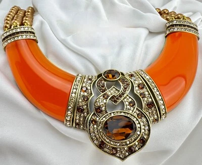 复古 HEIDI DAUS 签名口音项链人造珍珠黄玉橙色项圈围兜 — 第 1/4 张图片