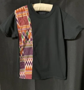 Boho Artsy Patchwork Upcycled Girl's Black T-Shirt Medium by Gildan - Picture 1 of 9