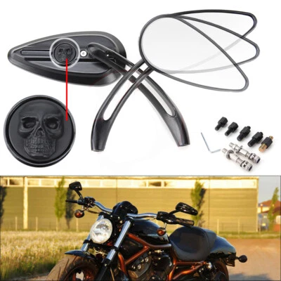 Espejos retrovisores laterales negros con calavera para motocicleta Harley Cruiser Chopper Bobber Foto 1 de 4