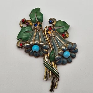 Vintage Pot Metal Enamel Brooch Pin 1940's Bell Flower Articulated Beads 3 1/4" - Picture 1 of 10