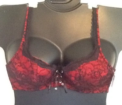Fredericks of Hollywood Black Red Lace Tie Front Balconette plus Size Bra 4557  - Image 1 of 4