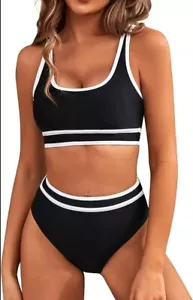 Women's High Waisted Bikini Sets Sporty Two Piece Swimsuits Color Block Cheeky H - Picture 1 of 4