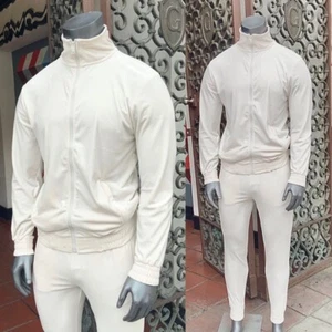 Men's Ecru Full Zip Fitted Velour Tracksuit - Picture 1 of 4