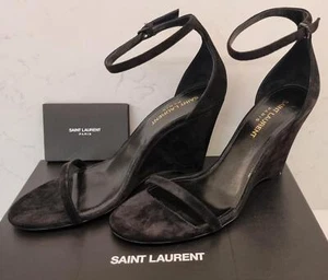 SAINT LAURENT Black Leather Suede LILA 85 Open Toe Wedge Sandals EU37.5 UK4.5 - Picture 1 of 12