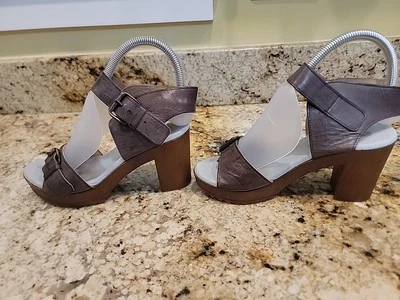 Eric Michael Platform Sandals Size 37 Leather Wood Block Heel Made In Portugal - Image 1 of 4