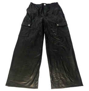 Haute Monde Pants Womens Large Black Faux Leather Cargo Wide Leg Pockets Stretch - Picture 1 of 20