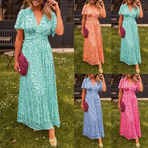 Womens Boho Floral V Neck Maxi Dress Summer Holiday Party Swing Tea Sundress UK - Picture 1 of 23