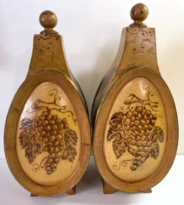 Vintage Hand Carved Wood Wine Decanter Pair Folk Art Screw Top Pyrography Rustic - Picture 1 of 19