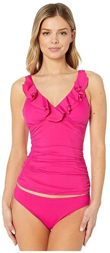 Traje de baño tankini LAUREN Ralph Lauren 285415 para mujer con volantes sólidos en U/W, talla 16 Foto 1 de 2