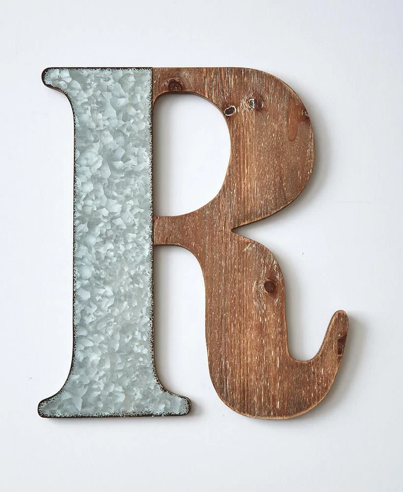 "R" MONOGRAM LETTER GALVANIZED WOODGRAIN FINISH DECORATIVE WALL HANGING - Image 1 of 1