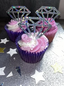 12 Holographic Diamond Shaped Celebration Cupcake Party Anniversary Toppers - Picture 1 of 2