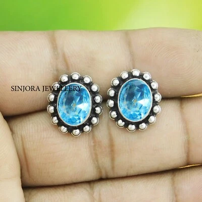 London Blue Topaz Gemstone 925 Sterling Silver Handmade Jewellery Stud Earrings - Image 1 of 4