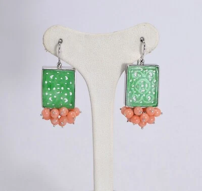 ORECCHINI  ARGENTO 925  GIADA RETTANGOLARE E CORALLO ROSA 4 mm        AGHT 0806 - Immagine 1 di 3