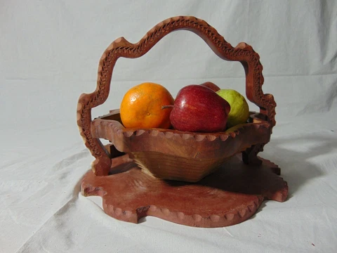 Collapsible Basket Fruit Wood Bowl Wooden Vintage Folding Spiral Cut leaf design Cover