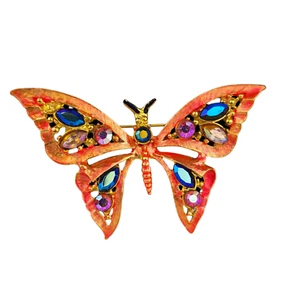 Butterfly Gold-Tone Brooch Enamel Rhinestone Color Crystal Pin - Picture 1 of 2