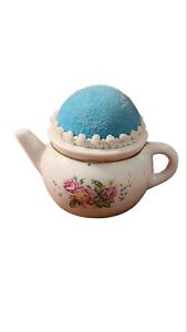 Vintage Small Pin Cushion Porcelain Tea Pot With Pink Roses  Flowers Japan