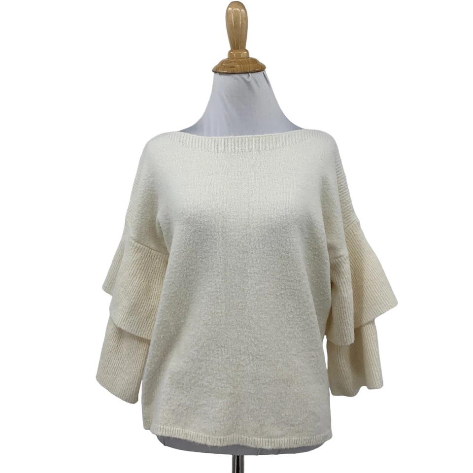 Suéter Skies Are Azul Mujer XS Extra Pequeño Beige Doble Campana Mangas Cuadrado Foto 1 de 4