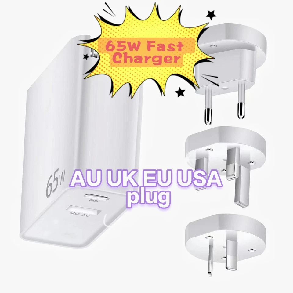 65W GaN Charger Fast USBC TypeC Power Adapter For iPhone Mac Samsung 1m Cable 2m - Image 1 of 4