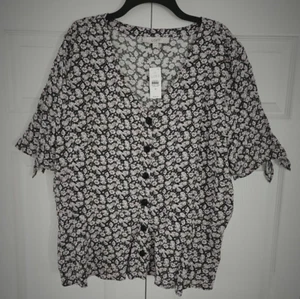 LOFT Womens Sz 18 Button Front Short Sleeve Blouse Black Pink Floral Peplum NWT - Picture 1 of 8