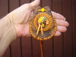 Native American Deerskin Leather Medicine Bag, Indian Chief Necklace Pouch, 3" - Picture 1 of 9